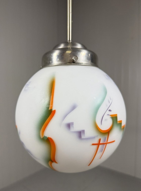 Image 1 of Art-Deco-Pendelleuchte aus Buntglas
