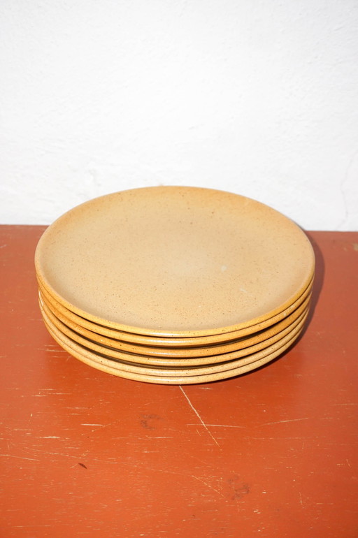 Vintage Grès gespikkelde aardewerken borden * set van 6 * minimalistisch Mid Century servies * 24,5 cm