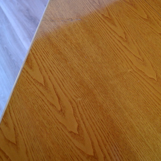 Image 1 of Octagonal dining table with wood and bamboo extension leaf 1980s