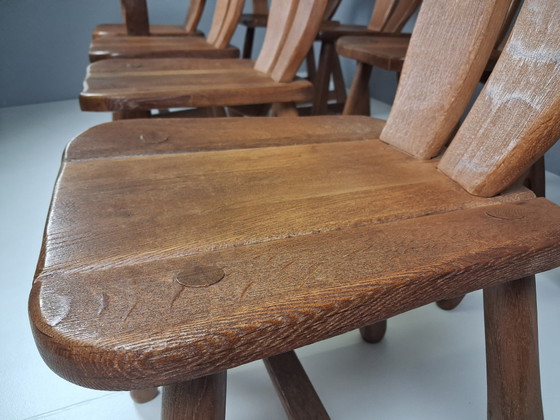 Set van 8 Vintage Brutalistische Stoelen De Puydt, Jaren 60 - 70 – Merk onbekend, Eetkamerstoelen, Wood (photo 7 of 10)