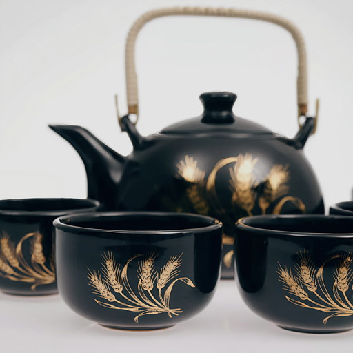 Vintage Japanese tea set, black with gold decoration, teapot and 4 cups