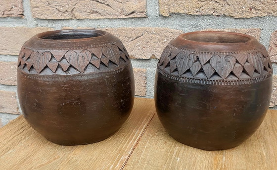 Set van 2 authentieke Afrikaanse kleipotten / theelichthouders in de stijl van traditionele Zuid-Afrikaanse (photo 2 of 6)