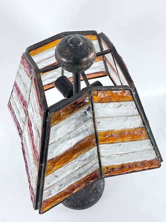 Image 1 of Monumentale, brutalistische Tischleuchte aus dickem Glas und Metall von Longobard. Italien, 1970er Jahre.