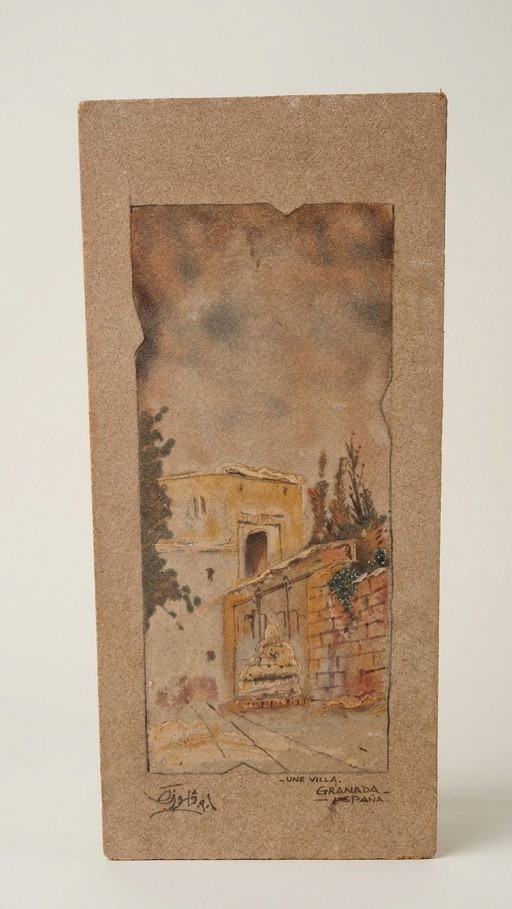Vintage Relief Painting on Wood – A Villa, Granada, Spain – Signed