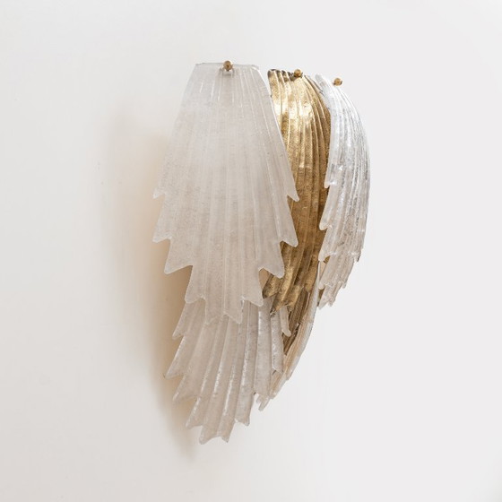 Image 1 of Italian Art Deco Style Murano Glass and Brass Leaf Wall Sconces, Pair