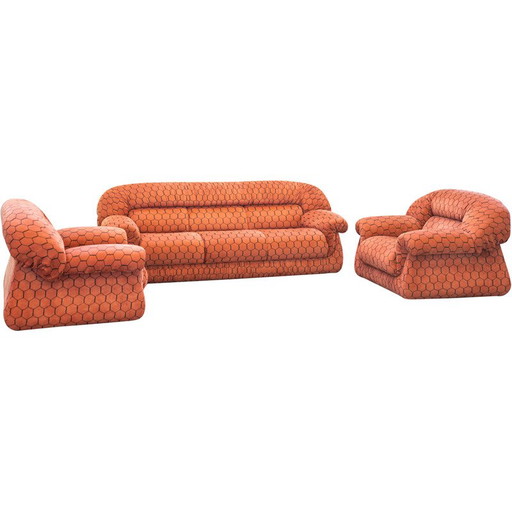 Sofá vintage de 3 plazas en poliuretano y tela con pares de sillones, 1970