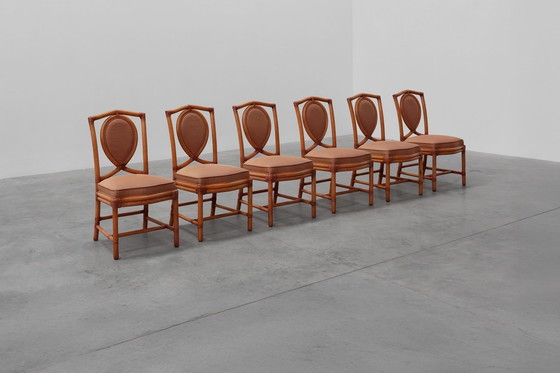 Image 1 of Set of 6 bamboo dining room chairs with geometric upholstery by Gasparucci, Italy 1980s