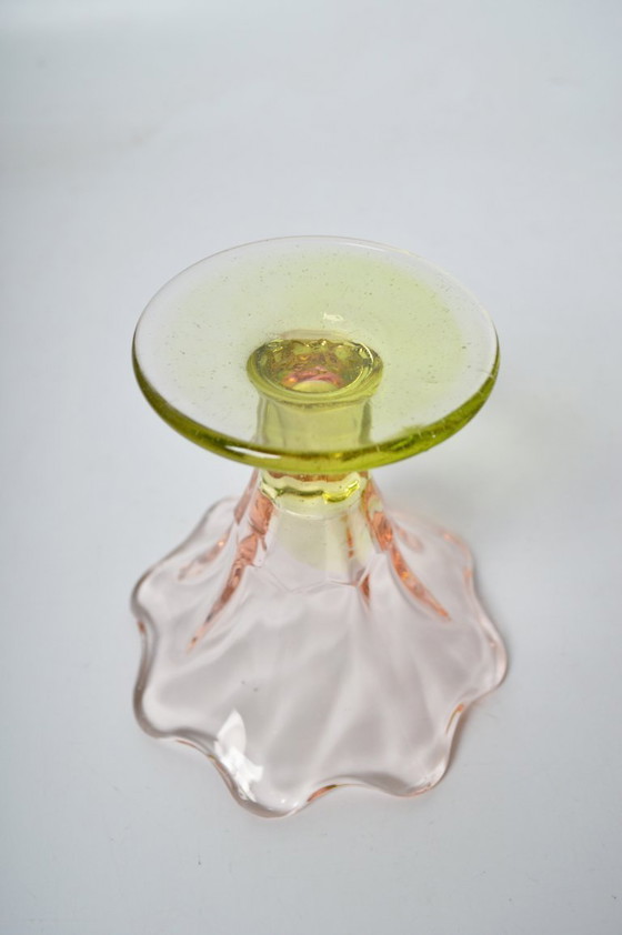 Image 1 of Vintage La Rochère France Set of 6 Pink & Green Tulip Champagne Coupes or Dessert Glasses / 1970's-1990's