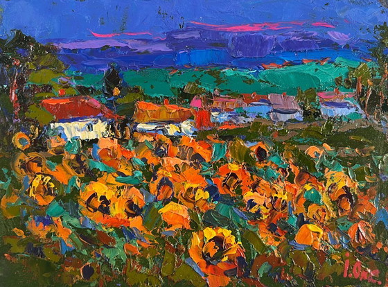 Image 1 of Original Oil Painting Evening Village Landscape Village life in the summer