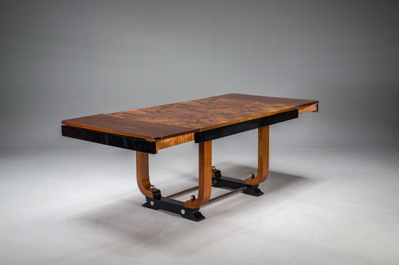Image 1 of Art Deco French Walnut & Burl Dining Set, 1930s, Set of 7