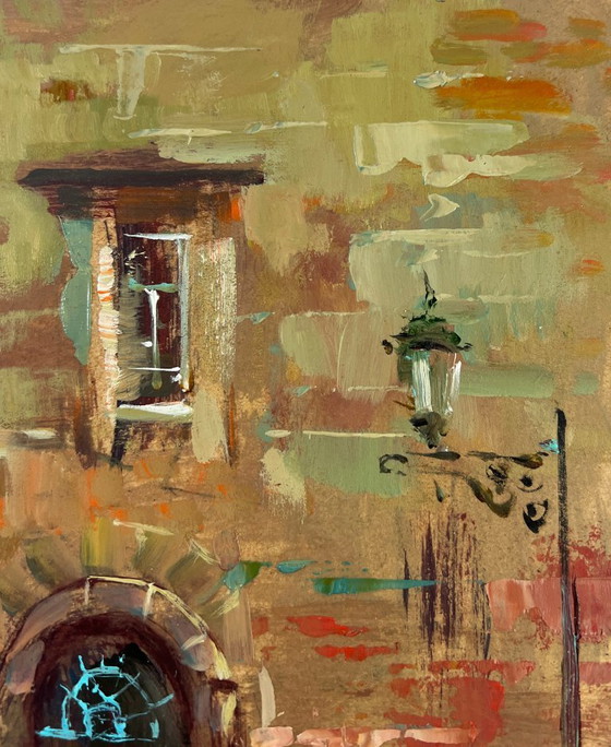 Image 1 of Peinture à l'huile originale représentant un paysage urbain, fluvial et une jetée aux couleurs du soir