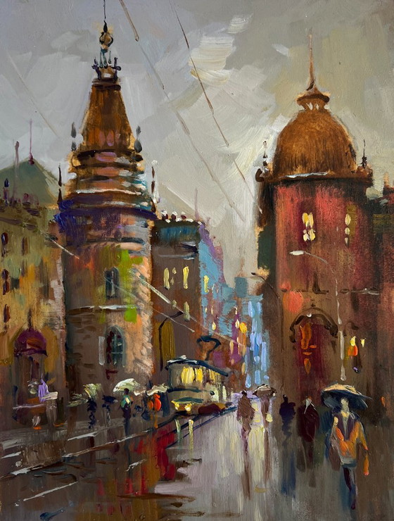 Image 1 of Original Oil Painting Gloomy City Landscape Dynamics of urban life