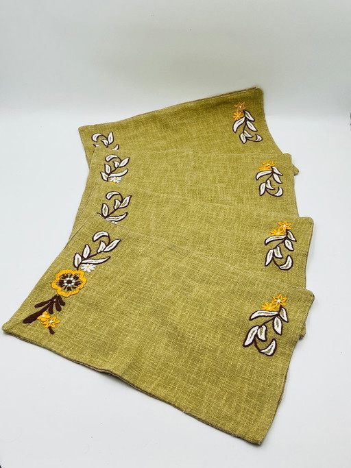 Set of 4 vintage embroidered burlap placemats