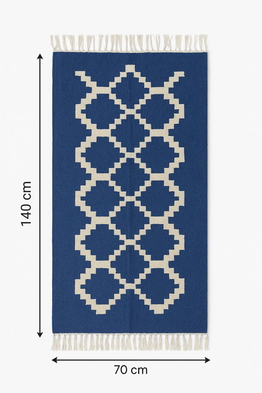 Senon Kelim Läufer 70 × 140 cm - Handgefertigt in Ägypten - Blauer Diamant, Flachgewebe