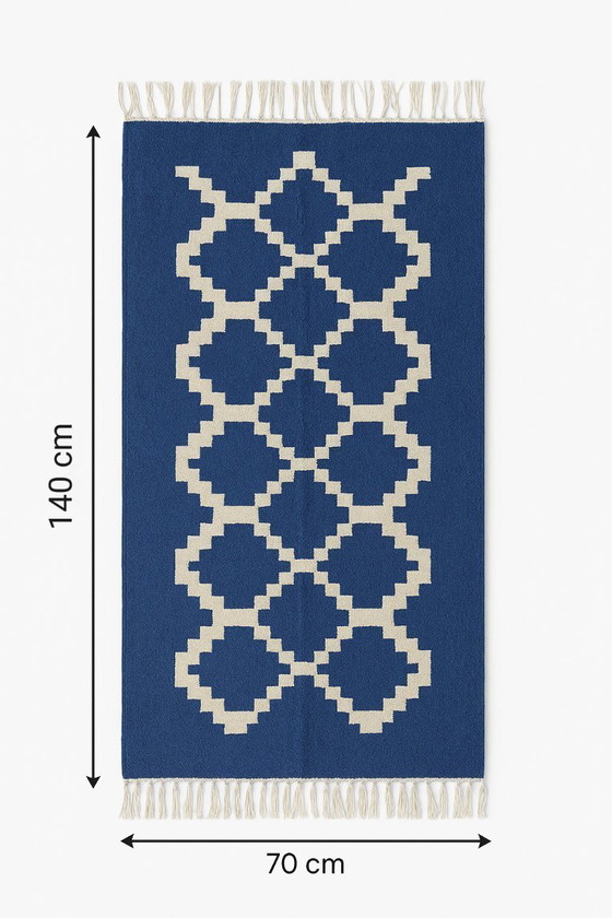 Image 1 of Senon Kelim Läufer 70 × 140 cm - Handgefertigt in Ägypten - Blauer Diamant, Flachgewebe