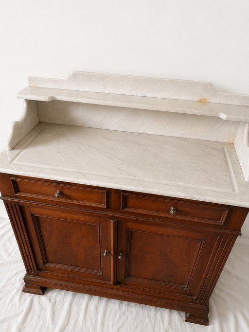 Antike Holzmöbel mit weißer Marmorplatte – Schminktisch, Konsolentisch, Waschtisch – ladekasten, Wood, Marble (photo 2 of 5)