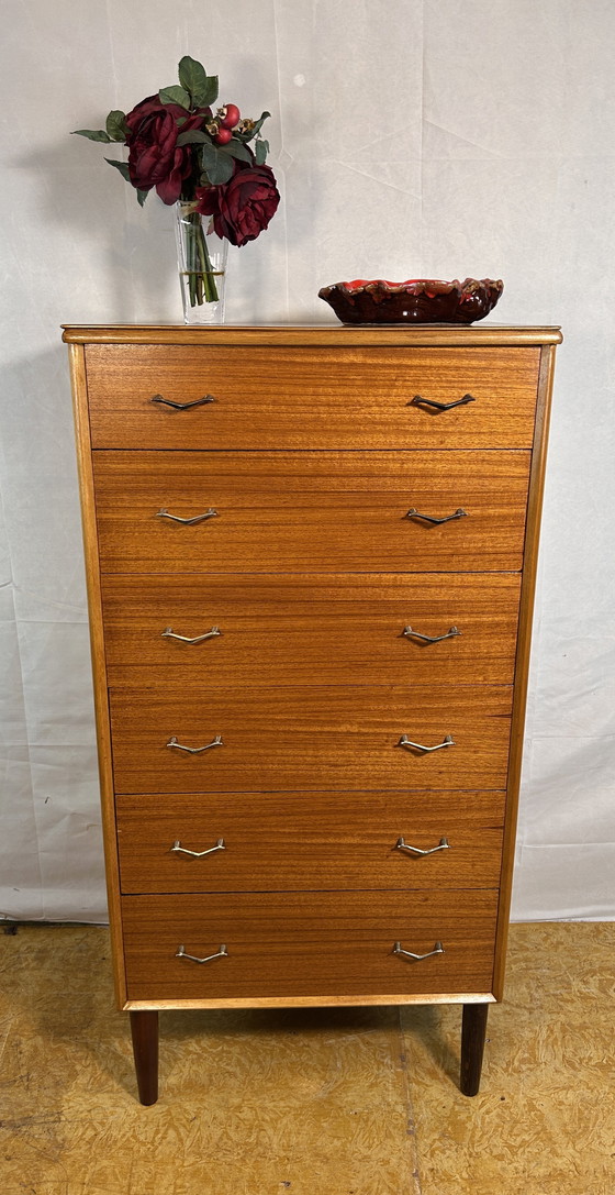 Image 1 of Mid-Century Retro Vintage Teak Chest of Drawers by Beeanese – 1960  Elegant English Craftsmanship | Six Spacious Drawers | Styli