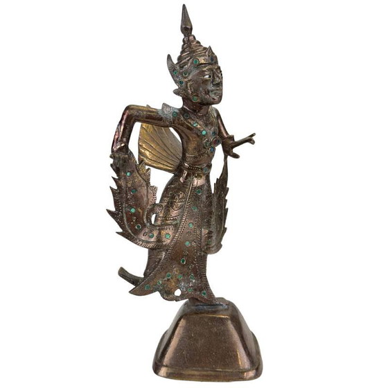 Antiek Thais vuurverguld bronzen Kinnara beeld - 19e eeuw - Ingelegde ogen – Beeldhouwkunst, Glass, Copper (photo 2 of 11)