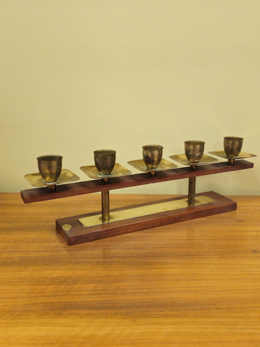 Vintage Teakhouten Kandelaar Kaarsenhouder Messing 