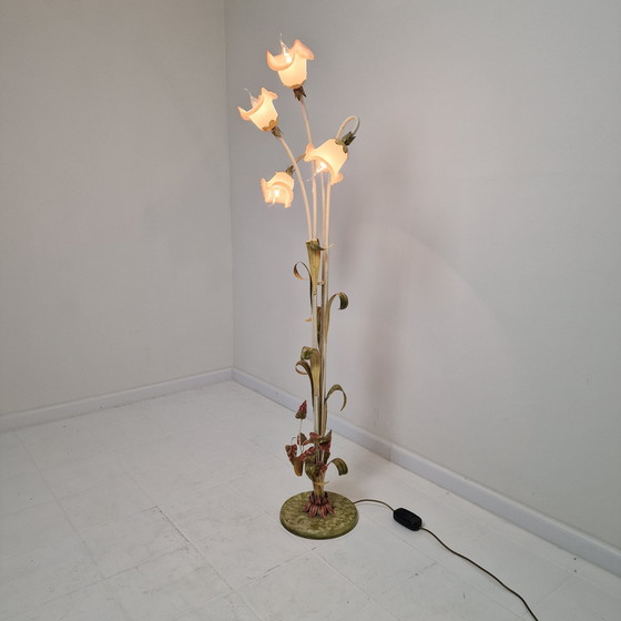 Image 1 of Italian Floor Lamp with Metal Stems, Leaf Details and Murano Glass Flower Shades