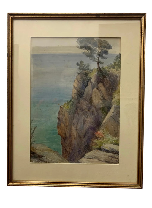 Pintura de acuarela de paisaje marino del siglo XIX