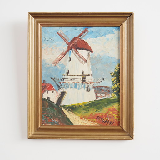 Peinture "Le moulin à vent coloré", design scandinave, 20e siècle, par Aage Verner Thrane
