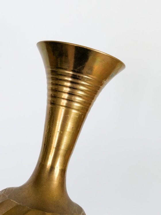 Vintage Solid Brass Trumpet-Shaped Pedestal Vase With Ribbed And Swirl Details (photo 10 of 15)