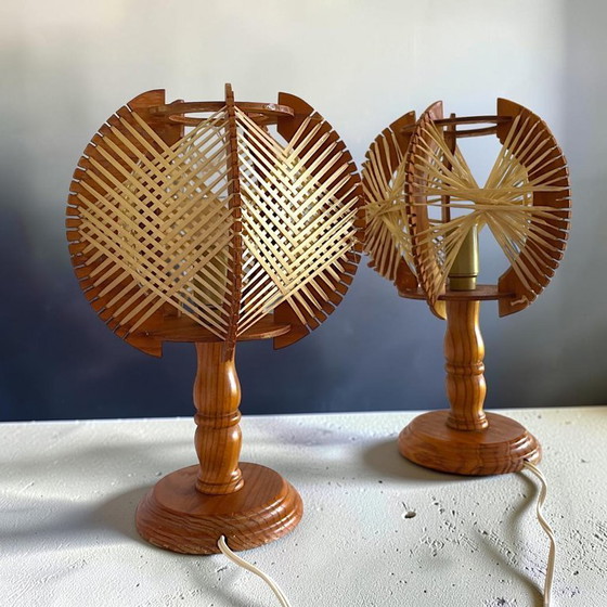 Image 1 of Lampes de table en bois et paille, style campagnard portugais, années 1960, lot de 2