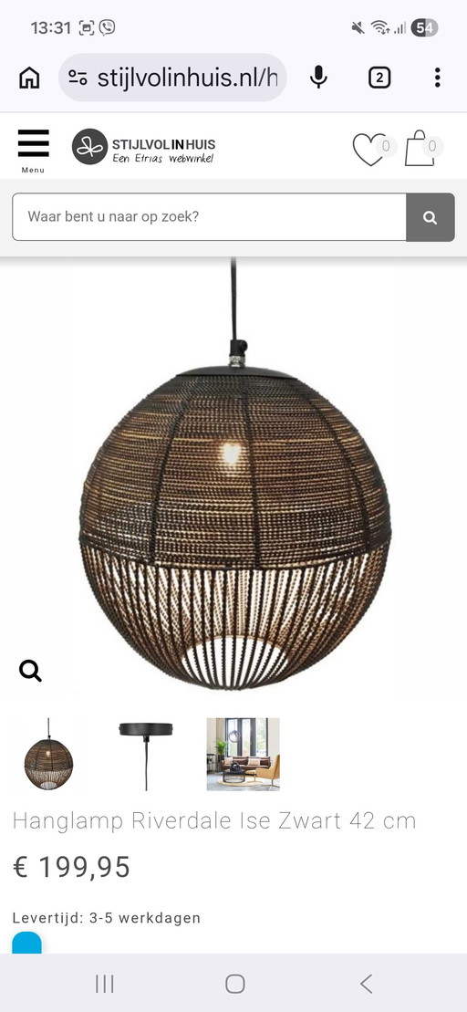 Lampe suspendue Riverdale Ise 42 cm Noir, Neuf !