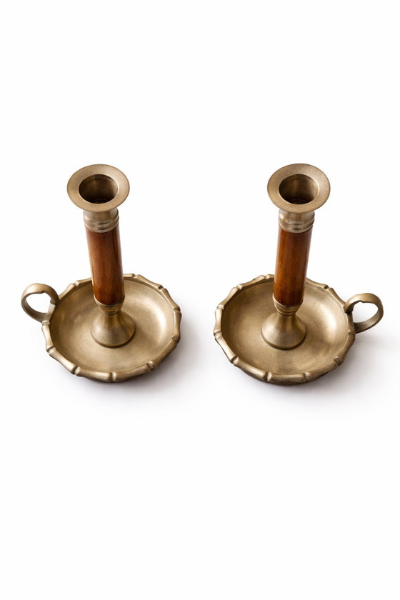 Image 1 of Pair of Brass and Wood Candlesticks,  the 1950s