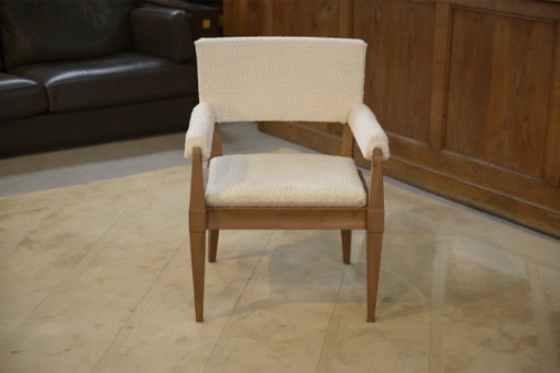 Modernistische Art Deco fauteuil in essen en ecru bouclé stof van Pierre Gouffé, jaren 40