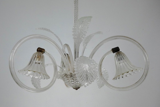 Image 1 of Art Deco Murano Glass Three-Arm Chandelier, Italy, 1940s