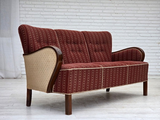 Image 1 of 1960s, Danish 3-seater sofa, red furniture wool, beech wood.