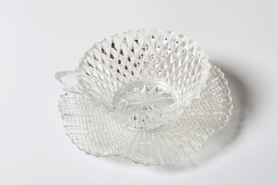 Image 1 of Servizio da tè in vetro trasparente di metà secolo / Decorazione con taglio a diamante / 4 tazze + 4 piattini / Italia / Anni '6