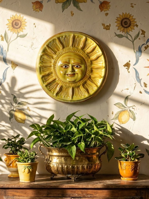 Vintage handcrafted Vietri majolica anthropomorphic sun wall plaque