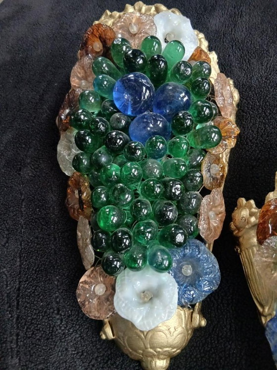 Image 1 of Murano-Wandleuchten – farbige Trauben, Glasrosette, bronzene Seeanemone