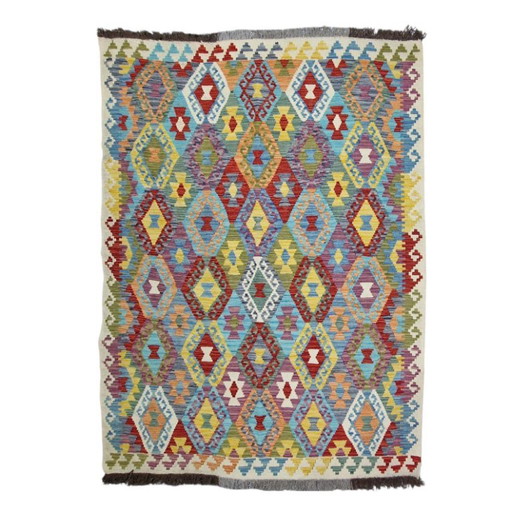 Handgewebter afghanischer Kelim-Teppich – Maimana-Wolle, geometrisches Muster (210 x 164 cm) – vloerkleden en tapijten, Wool
