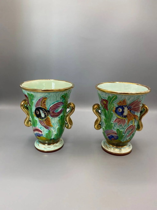 Pair of Cerdazur Monaco Vases - Marine Decor - Fish and Seaweed – servies, Ceramic