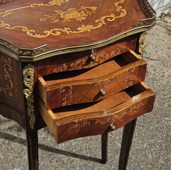 Image 1 of Chateau Ligny - French Antique Marquetry Nightstand - Fine Wood and Brass Console-Bedside Table-Style Louis XV- 1930s