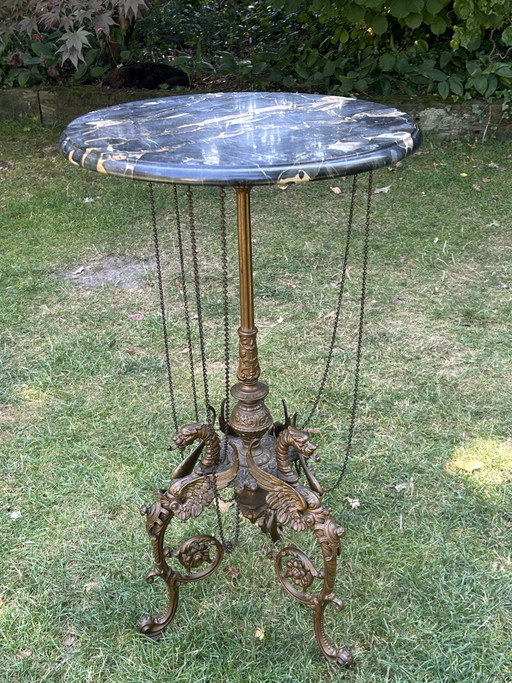 Antiek Napoleon III Plantentafeltje, Portoro Marmer – Marble, Metal