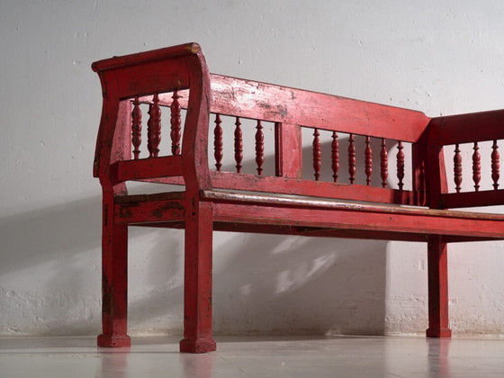 Antique red painted pine bench with turned back – Central Europe, circa 1900 – Benches, Rustic (photo 20 of 40)