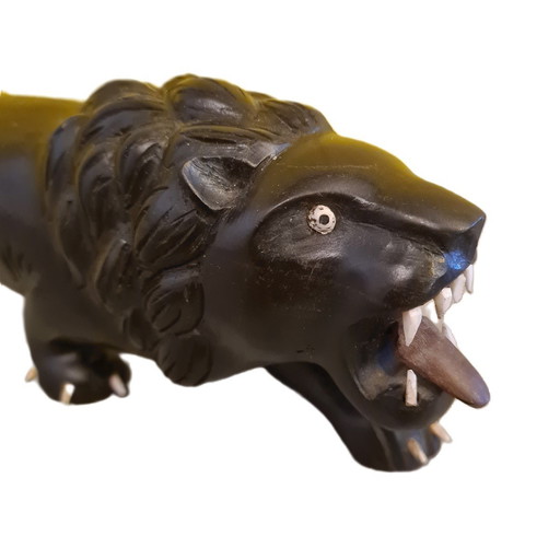 Ebonized Black Wooden Lion, Mid-20th Century