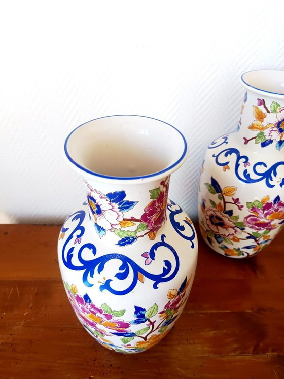 Image 1 of 2x baluster vases with peonies
