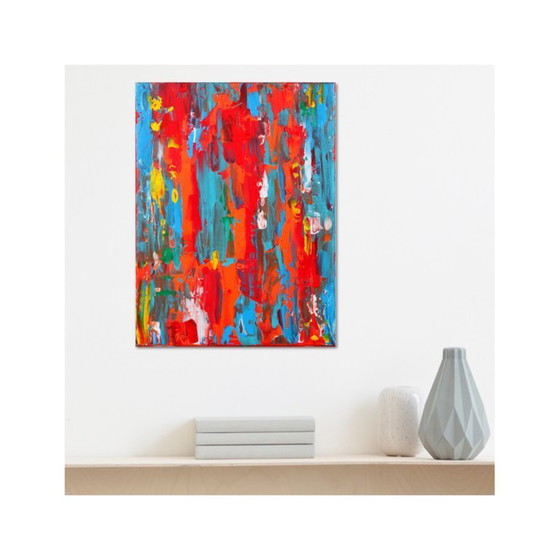 Image 1 of Abstract Red, Orange and Blue original painting on stretched canvas