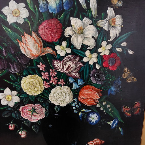 Still life with flowers, butterflies and shells