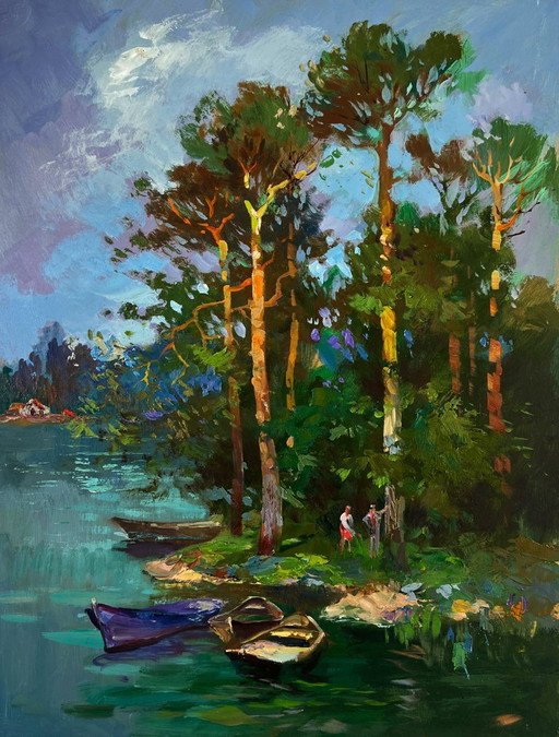 Origineel olieverfschilderij: Zomers kustlandschap, bos dat afdaalt naar de rivieroever.