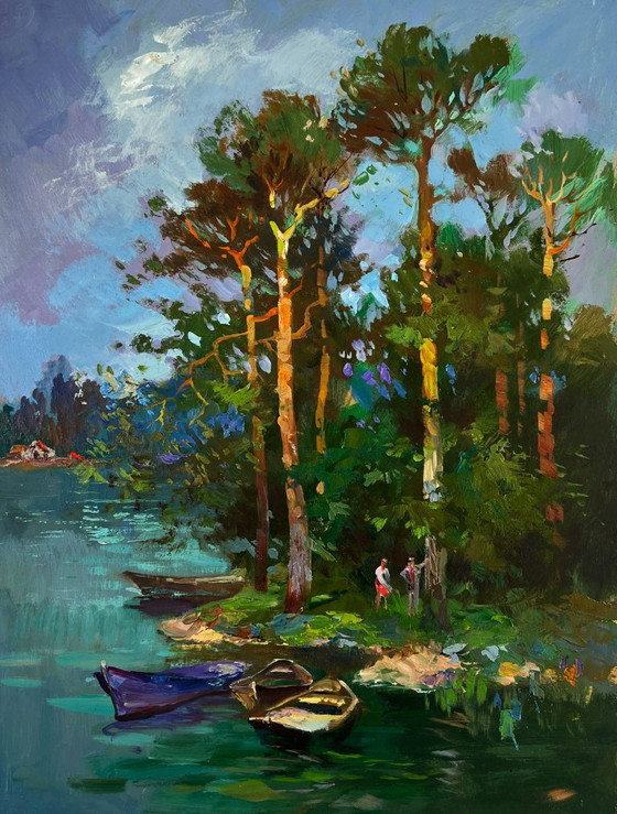 Image 1 of Original Oil Painting Summer Coastal Landscape Forest descending to the river banks