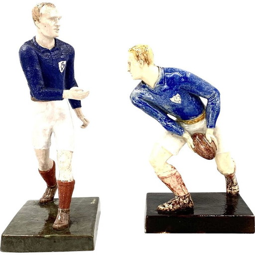Paire de sculptures vintage de joueurs de rugby par Willy Wuilleumier pour G.A.M, France 1940