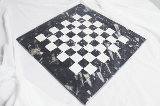 Handpainted Fossil Marble Chess Board, Vintage 1970s Cheese Charcuterie Tray, Black White Checkered Orthoceras Decor Gift
