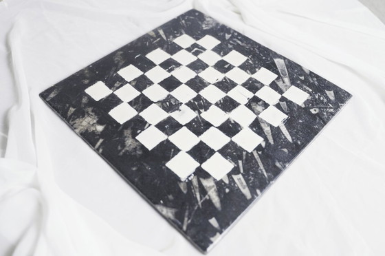 Image 1 of Handpainted Fossil Marble Chess Board, Vintage 1970s Cheese Charcuterie Tray, Black White Checkered Orthoceras Decor Gift